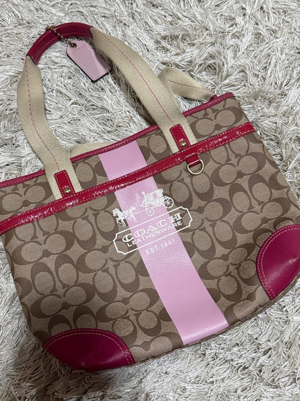 Coach Beige Signature Canvas Tote with Pink Trim - Picture 2 of 6